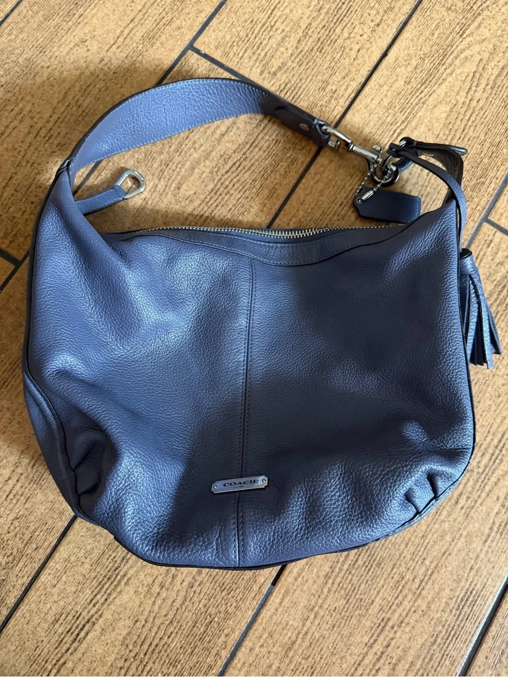 COACH Leather Hobo Shoulder Bag Slate Blue Gray Pebbled Leather Tassel